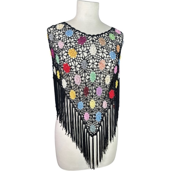 Vintage Sweaters - Black Boho Crochet Floral Aurora Borealis Crystal Accent Fringed Poncho